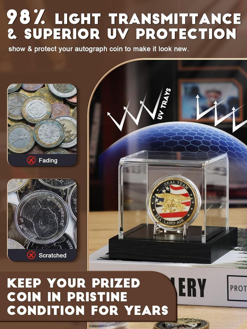 JupDec Coin Display Case, Clear Acrylic Showcase with Wood Base & Alloy Holder for Single Challenge Coin, UV Protection Souvenirs and Collectibles Box, Ideal Gift for Coin Fans, Black - Image 3